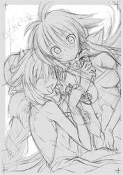  2girls ayase_shinomu blush greyscale monochrome multiple_girls open_mouth pink_bloom_miyabi polaris_(shinrabanshou) shinrabanshou sketch tongue 