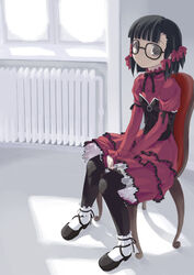  ankle_garter black_hair chair dress female frills full_body glasses gothic_lolita indoors lolita_fashion long_sleeves on_chair original pantyhose petticoat photoshop_(medium) short_hair sitting solo yousisi 