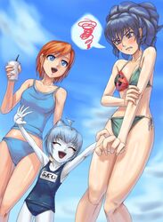  1boy 2girls adam_(mujin_wakusei_survive) ahoge angry arms_up artist_request bikini blue_eyes blue_hair blush closed_eyes cloud colored_skin crossdressing day drink drinking_straw embarrassed facial_mark flat_chest grey_skin halterneck happy legs lolicon long_hair looking_down luna_(mujin_wakusei_survive) menori mujin_wakusei_survive multiple_girls name_tag one-piece_swimsuit orange_hair otoko_no_ko outdoors purple_eyes school_swimsuit short_hair side-tie_bikini_bottom sky smile squiggle swastika sweat swimsuit tankini 