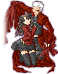  1boy archer_(fate) black_thighhighs dark-skinned_male dark_skin fate/stay_night fate_(series) female height_difference kneeling long_hair long_sleeves miyabi_juri photoshop_(medium) thighhighs tohsaka_rin turtleneck two_side_up zettai_ryouiki 