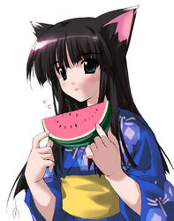  2000s_(style) animal_ears bad_id black_hair blue_kimono cat_ears cat_girl dragonfly_print female flying_sweatdrops food fruit gad_guard green_eyes holding holding_food holding_fruit holding_watermelon japanese_clothes kimono long_hair long_sleeves md5_mismatch minamino_kanata obi photoshop_(medium) print_kimono sash shinozuka_arashi simple_background solo watermelon white_background wide_sleeves yellow_sash yukata 