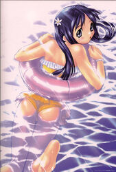  afloat ass bare_shoulders barefoot black_hair blue_eyes blue_hair blush bracelet casual_one-piece_swimsuit feet female flower frilled_one-piece_swimsuit frills from_behind hair_flower hair_ornament innertube jewelry kawata_hisashi light_rays long_hair looking_back mizuki_mana one-piece_swimsuit open_mouth scan soles solo sunbeam sunlight swim_ring swimming swimsuit twintails water wedgie wet white_album white_album_(series) 