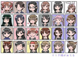  3boys 6+girls :d ;d ^_^ animal_ears black-framed_eyewear black_hair black_shirt blazer blonde_hair blue_background blue_jacket blue_shirt blush blush_stickers bow braid brown-framed_eyewear brown_collar brown_hair brown_jacket camera cat_ears chaccu chains chibi chibi_only closed_eyes closed_mouth collage collar collared_shirt copyright_name cross curtained_hair dog_ears drill_hair everyone facial_hair facing_viewer fukuzawa_yumi fukuzawa_yuuki glasses green_background grey_background grey_scarf hair_ornament hair_ribbon hairbow hairclip hand_on_own_chest hasekura_rei headband heart holding holding_camera holding_cross jacket kanina_shizuka kashiwagi_suguru katou_kei kubo_shiori lapels light_brown_background light_brown_hair lillian_girls&#039;_academy_school_uniform long_hair looking_at_viewer looking_to_the_side maria-sama_ga_miteru matsudaira_touko medium_hair mizuno_youko multiple_boys multiple_girls musical_note naitou_shouko neckerchief nijou_noriko notice_lines oerba_yun_fang ogasawara_sachiko one_eye_closed open_mouth outline parted_lips pink_background pink_hair pink_ribbon portrait praying rabbit_ears rectangular_eyewear red_headband red_ribbon ribbon round_eyewear sailor_collar satou_sei scarf school_uniform semi-rimless_eyewear serafuku shimazu_yoshino shirt short_hair skin_fang smile straight-on surprised sweatdrop takeshima_tsutako tareme torii_eriko toudou_shimako tsukiyama_minako twin_braids twin_drills twintails under-rim_eyewear white_background white_neckerchief white_outline white_ribbon white_sailor_collar white_shirt wolf_ears yamaguchi_mami yamanobe-sensei yellow_background 