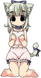  animal_ears black_eyes blue_ribbon cat_ears cat_tail chemise collar feet female grey_hair hair_ribbon kneeling legs lingerie lisula long_hair looking_at_viewer lowres original ribbon simple_background solo tail tail_ornament underwear white_background 