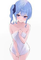  absurdres bare_shoulders blue_eyes blue_hair blush closed_mouth collarbone fawny female foreshortening hair_between_eyes highres hololive hoshimachi_suisei looking_at_viewer naked_towel side_ponytail sidelocks simple_background solo towel virtual_youtuber white_background white_towel 