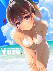  bikini blue_sky breasts brown_eyes brown_hair character_name chuutaro_metal closed_mouth cloud cloudy_sky commentary copyright_name day english_text female food fruit girls_und_panzer halterneck hands_on_own_knees head_tilt heart horizon koyama_yuzu leaning_forward looking_at_viewer medium_breasts medium_hair navel ocean outdoors ponytail sky smile solo swimsuit white_bikini yuzu_(fruit) 