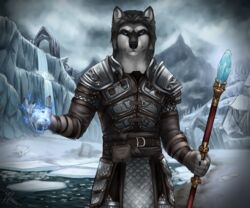  absurd_res anthro armor bethesda_game_studios black_hair blue_eyes canid canine canis electricity electricity_manipulation elemental_manipulation facial_markings fur fur_markings grey_body grey_fur hair head_markings hi_res ice_floe korvus lightning lykaios_(tes_mod) magic magic_staff male mammal markings microsoft pouch_(clothing) ruins skyrim smile snow solo staff the_elder_scrolls waterfall winter wolf zouletsentiment 