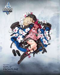  asymmetrical_legwear bag beret black_footwear black_hat black_skirt black_socks black_sweater blonde_hair blue_coat blue_eyes blush buckle character_name chest_strap closed_eyes coat coat_on_shoulders commentary copyright_name covered_mouth english_commentary female flower flower_ornament full_body girls&#039;_frontline gun hat hat_flower highres jatimatic jatimatic_(girls&#039;_frontline) knee_pads loafers long_sleeves medium_hair no_shoes official_art pink_bag pink_flower pink_sweater pleated_skirt pouch rinotuna second-party_source shoes shoulder_bag single_knee_pad skirt snap-fit_buckle socks solo submachine_gun sweater thigh_strap torn_clothes torn_hat torn_skirt torn_socks torn_straps torn_sweater unworn_hat unworn_headwear unworn_shoes weapon web_address white_bag white_flower 