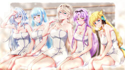  5girls agnes_claudel blue_eyes blunt_bangs blush bow braid breasts crown_braid double-parted_bangs eiyuu_densetsu elaine_auclair french_braid green_eyes hair_between_eyes hair_bun hairbow half_updo highres kuro_no_kiseki large_breasts long_hair looking_at_viewer medium_breasts multiple_girls naked_towel renne_(eiyuu_densetsu) risette_twinings sauna shizuna_rem_misurugi sidelocks single_hair_bun sitting steam steaming_body sweat towel xiacheng_tatsuya yellow_eyes 