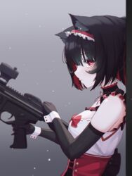  absurdres animal_ear_fluff animal_ears assault_rifle black_gloves black_hair breasts closed_mouth commentary_request corset elbow_gloves female from_side gloves gradient_background gun highres holding holding_gun holding_weapon korean_commentary looking_at_viewer maid_headdress medium_breasts medium_hair mixed-language_commentary multicolored_hair neck_garter original peng_kun red_corset red_eyes red_hair red_ribbon ribbon rifle sideways_mouth sleeveless solo streaked_hair upper_body weapon wrist_cuffs 