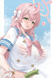  ahoge artist_name bikini blue_archive blue_sailor_collar blush braid breasts female green_eyes halo hanako_(blue_archive) heart highres holding hose kumao_mofumofu large_breasts long_hair open_mouth pink_hair pink_halo sailor_collar school_uniform serafuku short_sleeves signature single_braid smile solo spoken_heart striped_bikini striped_clothes swimsuit water wet wet_clothes 