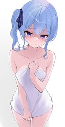  bare_shoulders blue_eyes blue_hair blush closed_mouth collarbone empty_eyes fawny female foreshortening hair_between_eyes highres hololive hoshimachi_suisei looking_at_viewer naked_towel shaded_face side_ponytail sidelocks simple_background solo towel virtual_youtuber white_background white_towel 