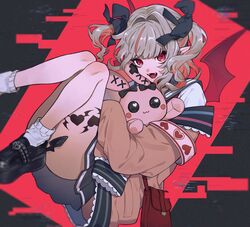  absurdres armband black_footwear convenient_leg demon_girl demon_wings fangs female grey_hair hair_ribbon heart heart_tattoo highres holding holding_stuffed_toy jacket knees_up leg_tattoo looking_at_viewer makaino_ririmu makaino_ririmu_(4th_costume) multicolored_hair nijisanji open_clothes open_jacket open_mouth pink_hair pink_jacket platform_footwear pleated_skirt pointy_ears red_eyes red_wings ribbon sailor_collar school_uniform serafuku skirt smile socks solo streaked_hair stuffed_animal stuffed_rabbit stuffed_toy sumoffu tattoo two-tone_hair virtual_youtuber white_socks wings 