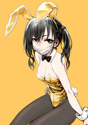  animal_ears black_eyes black_hair breasts cleavage dokuromaru fake_animal_ears fake_tail female fishnet_pantyhose fishnets highres idolmaster idolmaster_cinderella_girls leotard long_hair looking_at_viewer mask mask_pull medium_breasts mole mole_under_eye mouth_mask pantyhose playboy_bunny rabbit_ears rabbit_tail simple_background sitting solo strapless strapless_leotard sunazuka_akira surgical_mask tail twintails wrist_cuffs yellow_background yellow_leotard 