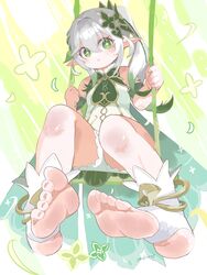  artist_name bare_shoulders bloomers blush breasts commentary_request cross-shaped_pupils dress feet female foot_focus foreshortening full_body genshin_impact gold_trim green_background green_dress green_eyes grey_hair hair_between_eyes hair_intakes hair_ornament highres holding leaf_hair_ornament long_hair looking_at_viewer nahida_(genshin_impact) no_shoes omkuros pointy_ears short_dress shorts side_ponytail sidelocks signature sitting small_breasts socks soles solo stirrup_footwear stirrup_legwear swing_set symbol-shaped_pupils toeless_legwear toes white_bloomers white_dress white_shorts white_socks 