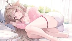  animal_ears antlers barefoot brown_hair camisole commentary commission deer_antlers deer_ears deer_girl exitus female flower flower_facial_mark fur_jacket hair_flower hair_ornament hairclip horns jacket kannazuki_lubee kurage_cc leg_ribbon long_hair multicolored_hair pillow pink_eyes pink_flower pink_hair pink_jacket ribbon shorts skeb_commission smile solo streaked_hair symbol-only_commentary thigh_ribbon virtual_youtuber white_camisole white_shorts 