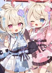  2girls animal_ear_fluff animal_ears blonde_hair blue_eyes blue_hair blue_kimono breasts chibi collar dog_ears dog_girl flower fuwawa_abyssgard fuwawa_abyssgard_(new_year) hair_flower hair_ornament highres hololive hololive_english japanese_clothes kimono large_breasts long_hair mococo_abyssgard mococo_abyssgard_(new_year) multicolored_hair multiple_girls noi_mine official_alternate_costume open_mouth pink_eyes pink_hair ponytail siblings sideboob sideless_kimono sisters sleeveless streaked_hair tail twins virtual_youtuber 