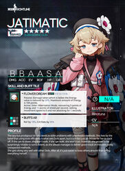  arrow_(symbol) artist_name asymmetrical_legwear bag beret black_hat black_skirt black_socks black_sweater blonde_hair blue_coat blue_eyes buckle character_name character_profile chest_strap closed_mouth coat coat_on_shoulders commentary copyright_name english_commentary english_text female flower flower_ornament girls&#039;_frontline grid gun half-closed_eyes hat hat_flower holding holding_gun holding_weapon jatimatic jatimatic_(girls&#039;_frontline) knee_pads light_smile long_sleeves looking_at_viewer medium_hair official_art pink_bag pink_flower pink_sweater pleated_skirt pouch rinotuna second-party_source shoulder_bag single_knee_pad skirt snap-fit_buckle socks solo standing star_(symbol) submachine_gun sweater thigh_strap turtleneck turtleneck_sweater weapon web_address white_bag white_flower 