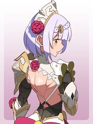  absurdres armor back braid braided_bangs female flower from_behind gauntlets genshin_impact green_eyes grey_hair hair_flower hair_ornament highres imtmcomics looking_to_the_side maid_headdress muscular muscular_female noelle_(genshin_impact) pauldrons red_flower red_rose rose short_hair shoulder_armor single_pauldron solo upper_body 