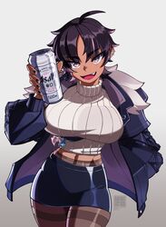  ahoge asahi_breweries beer_can black_hair black_jacket black_nails black_skirt bon_(vtuber) breasts can cowboy_shot crop_top drink_can ear_piercing female fish_ornament fur-trimmed_jacket fur_trim grey_background grey_eyes highres holding holding_can indie_virtual_youtuber jacket large_breasts midriff miniskirt navel oerba_yun_fang open_mouth pantyhose pencil_skirt piercing ribbed_sweater short_hair skirt solo sweater thighband_pantyhose turtleneck turtleneck_sweater ueko_(ueko_t) virtual_youtuber white_sweater 