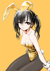  animal_ears black_eyes black_hair breasts cleavage commentary_request dokuromaru fake_animal_ears fake_tail female fishnet_pantyhose fishnets highres idolmaster idolmaster_cinderella_girls leotard long_hair looking_at_viewer medium_breasts mole mole_under_eye pantyhose playboy_bunny rabbit_ears rabbit_tail simple_background sitting solo strapless strapless_leotard sunazuka_akira tail twintails wrist_cuffs yellow_background yellow_leotard 