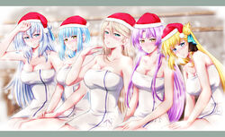  5girls agnes_claudel blue_eyes blunt_bangs blush bow braid breasts crown_braid double-parted_bangs eiyuu_densetsu elaine_auclair french_braid green_eyes hair_between_eyes hair_bun hairbow half_updo hat highres kuro_no_kiseki large_breasts long_hair looking_at_viewer medium_breasts multiple_girls naked_towel renne_(eiyuu_densetsu) risette_twinings santa_hat sauna shizuna_rem_misurugi sidelocks single_hair_bun sitting steam steaming_body sweat towel xiacheng_tatsuya yellow_eyes 