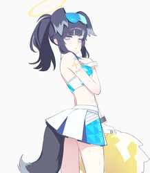  animal_ears bare_shoulders black_hair blue_archive breasts cheerleader closed_mouth commentary_request crop_top dog_ears dog_girl dog_tail eyewear_on_head female from_side halo hibiki_(blue_archive) hibiki_(cheer_squad)_(blue_archive) holding holding_pom_poms looking_at_viewer midriff millennium_cheerleader_outfit_(blue_archive) mimitoke miniskirt official_alternate_costume pleated_skirt pom_pom_(cheerleading) ponytail simple_background skirt small_breasts solo standing star_sticker sticker_on_arm sticker_on_face tail text_print white_background white_skirt yellow_halo 