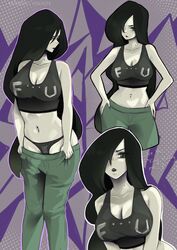  black_hair black_lips black_panties breasts cleavage collarbone commentary crop_top english_commentary female green_eyes green_pants grey_background hand_on_own_hip highres kim_possible_(series) large_breasts long_hair midriff mole mole_on_neck multiple_views navel panties pants parted_lips print_panties purple_background shego standing two-tone_background underwear undressing very_long_hair vialnite 