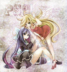  2girls angel_wings blonde_hair bow commentary_request dress edo. gun hairbow high_heels legs long_hair multicolored_hair multiple_girls panty_&amp;_stocking_with_garterbelt panty_(psg) red_dress shoes siblings sisters sitting skirt smile stocking_(psg) sword two-tone_hair very_long_hair weapon wings 