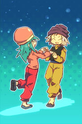  1boy brown_hair closed_eyes commentary_request dancing female green_hair hat hunter_x_hunter photoshop_(medium) pokkle ponzu saiko_(29iti) smile 