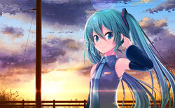  amamiya_minato aqua_eyes aqua_hair aqua_necktie arms_up bare_shoulders cloud commentary_request detached_sleeves disembodied_hand female grey_shirt hair_ornament hand_on_own_ear hatsune_miku lens_flare long_hair looking_at_viewer necktie outdoors photoshop_(medium) power_lines shirt sky sleeveless sleeveless_shirt smile solo sunset twintails upper_body very_long_hair vocaloid 