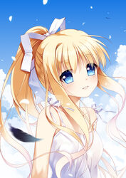  air_(visual_novel) blonde_hair blue_eyes cloud commentary_request day feathers female kamio_misuzu long_hair ponytail sky smile solo xia_xiang_(ozicha) 