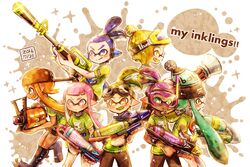  .52_gal_(splatoon) 3girls 4boys backwards_hat bad_id bad_pixiv_id baseball_cap beanie bike_shorts black_shorts blue_eyes blue_hair blunt_bangs boots brown_eyes dark_skin dated english_text fangs goggles goggles_on_head green_eyes green_hair green_shirt hair_slicked_back harutarou_(orion_3boshi) hat headgear hero_charger_(splatoon) holding holding_weapon inkling inkling_boy inkling_girl inkling_player_character long_hair mask mini_splatling_(splatoon) multiple_boys multiple_girls octoshot_(splatoon) open_mouth orange_eyes orange_hair paint_splatter pink_eyes pink_hair pointy_ears print_shirt purple_hair scrunchie shirt short_hair shorts smile snorkel splatoon_(series) splatoon_1 splattershot_pro_(splatoon) tentacle_hair topknot weapon 