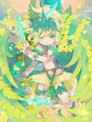  1boy angel angel_wings archangel_michael_(p&amp;d) bad_id bad_pixiv_id crown green_eyes green_hair highres male_focus puzzle_&amp;_dragons solo sword tadano_shiroko weapon wings 