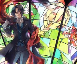  1boy blonde_hair bow braid brown_hair cape coat commentary_request earrings flower formal frills gloves jack_vessalius jewelry male_focus oswald_baskerville pandora_hearts purple_eyes solo stained_glass vest wavily window 