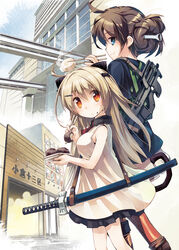  2girls animal_ears bare_arms blonde_hair blue_eyes brown_eyes brown_hair building cat_ears cat_tail chopsticks commentary_request daikon dress food food_on_face gun hair_ornament hair_up hairclip katana long_hair looking_at_viewer makanai_tsumami multiple_girls nanaroku_(fortress76) ohagi_(food) original pants photoshop_(medium) radish shirt shisui_haruka sleeveless sleeveless_dress smile submachine_gun sword tail very_long_hair weapon white_dress 