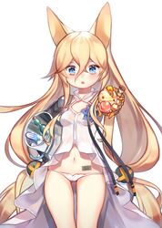  animal_ears barcode barcode_tattoo blonde_hair blue_eyes blush breasts bucket commentary dress female food fox_ears g41_(girls&#039;_frontline) gamathx girls&#039;_frontline gloves hair_between_eyes hair_ornament highres holding holding_food ice ice_bucket ice_cream long_hair looking_at_viewer low_twintails navel orange_gloves outstretched_arm panties parted_lips popsicle ramune reaching showgirl_skirt simple_background small_breasts solo tattoo twintails underwear very_long_hair wafer_stick white_background white_dress white_panties 