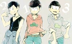  3boys black_hair brothers clothes_around_waist clothes_lift cowboy_shot denim grey_background hand_in_pocket hood hoodie hoodie_lift jacket jacket_around_waist jeans male_focus matsuno_choromatsu matsuno_karamatsu matsuno_osomatsu multiple_boys osomatsu-kun osomatsu-san osomatsu_(series) pants protected_link shirt_lift siblings simple_background sleeves_rolled_up smile sunglasses swept_bangs v-neck wakaya_hana 