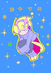  blonde_hair closed_eyes commentary_request concrete_revolutio confetti earth-chan_(concrete_revolutio) female highres hikawa_hekiru pantyhose short_hair solo 