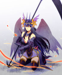  bare_shoulders breasts cleavage commentary_request feathered_wings female flower full_body gauntlets gloves gradient_background hair_flower hair_ornament head_wings jewelry long_hair looking_away medium_breasts necklace overskirt persephone_(p&amp;d) pointy_ears purple_eyes purple_gloves purple_hair purple_skirt purple_thighhighs purple_wings puzzle_&amp;_dragons scythe shadow skirt sleeveless solo ten_(kisako) thighhighs tiara very_long_hair weapon wings zettai_ryouiki 