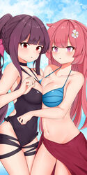  2girls absurdres alternate_hairstyle asymmetrical_docking bikini black_one-piece_swimsuit blue_bikini blunt_bangs blush bow braid breast_press breasts cleavage collarbone commentary_request covered_navel flower french_braid girls&#039;_frontline hair_flower hair_ornament hairbow highres korean_commentary long_hair mapyarong medium_breasts multiple_girls navel ntw-20_(girls&#039;_frontline) ntw-20_(op._blazing_sun)_(girls&#039;_frontline) official_alternate_costume one-piece_swimsuit parted_lips pink_bow pink_hair ponytail purple_eyes purple_hair sarong sidelocks swimsuit thighs wa2000_(girls&#039;_frontline) wa2000_(op._manta_ray)_(girls&#039;_frontline) white_flower 