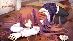  black_thighhighs blood blue_skirt brown_hair closed_eyes disembodied_hand female game_cg hair_ribbon hands indoors injury kazami_haruki long_hair lying nitta_ruri pleated_skirt purple_ribbon ribbon satsukoi_yuukyuu_naru_koi_no_uta severed_hand skirt solo thighhighs twintails 