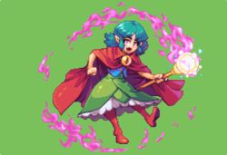  abysswolf cape commentary_request dress fara_&amp;_the_eye_of_darkness fara_(fara_&amp;_the_eye_of_darkness) female fire green_background green_hair looking_at_viewer magic magical_girl pixel_art purple_eyes solo wand 