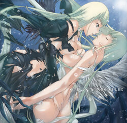  2girls alicia_(claymore) angel_wings armor ass awakened_being_(claymore) beth_(claymore) black_wings blonde_hair breast_press breasts claymore_(series) closed_eyes commentary_request feathered_wings feathers grey_eyes long_hair medium_breasts multiple_girls nyami photoshop_(medium) profile siblings symmetrical_docking twins wings yuri 