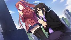  2girls black_hair blue_skirt brown_eyes closed_eyes day game_cg hair_ribbon kazami_haruki long_hair multiple_girls nitta_ruri outdoors own_hands_clasped own_hands_together purple_ribbon red_hair ribbon satsukoi_yuukyuu_naru_koi_no_uta skirt thighhighs tombstone 