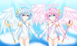  2girls absurdres angel bare_shoulders blue_eyes blue_hair cloud cloudy_sky commentary_request cosplay elbow_gloves feathered_wings flower four_goddesses_online:_cyber_dimension_neptune gloves hair_flower hair_ornament halo heart highres holding holding_staff jewelry long_hair looking_at_viewer multiple_girls neptune_(series) pink_hair power_symbol power_symbol-shaped_pupils red_eyes rhapsofree siblings sisters sky smile staff symbol-shaped_pupils thighhighs twins white_gloves white_heart_(neptunia) white_heart_(neptunia)_(cosplay) white_sister_ram white_sister_rom white_thighhighs wings 