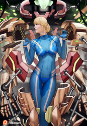  audia_pahlevi blonde_hair bodysuit bra covered_navel dissolving_clothes highres looking_to_the_side metroid mole mole_under_mouth navel panties samus_aran see-through solo stomach underwear undressing varia_suit zero_suit 