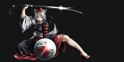  animal_ears baten_(gei-vorugu) commentary_request female fighting_stance hat highres inubashiri_momiji katana red_eyes shield short_hair solo sword tail tokin_hat touhou weapon white_hair wolf_ears wolf_tail 