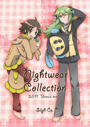  alternate_costume black_(pokemon) boru-boru brown_eyes brown_hair doll english green_eyes green_hair headphones hood hoodie hug jacket long_hair maggyo multiple_boys n_(pokemon) open_mouth otamaro pixiv_thumbnail pokemon pokemon_(game) pokemon_black_and_white pokemon_bw resized short_hair stunfisk touya_(pokemon) wink 