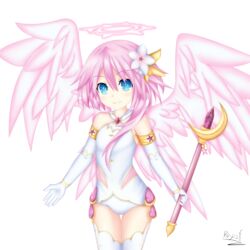  absurdres angel artist_name bare_shoulders blue_eyes commentary_request cosplay elbow_gloves feathered_wings female flower four_goddesses_online:_cyber_dimension_neptune gloves hair_flower hair_ornament halo highres holding holding_staff jewelry long_hair looking_at_viewer neptune_(series) pink_hair power_symbol power_symbol-shaped_pupils rhapsofree simple_background smile solo staff symbol-shaped_pupils thighhighs white_background white_gloves white_heart_(neptunia) white_heart_(neptunia)_(cosplay) white_sister_ram white_thighhighs wings 